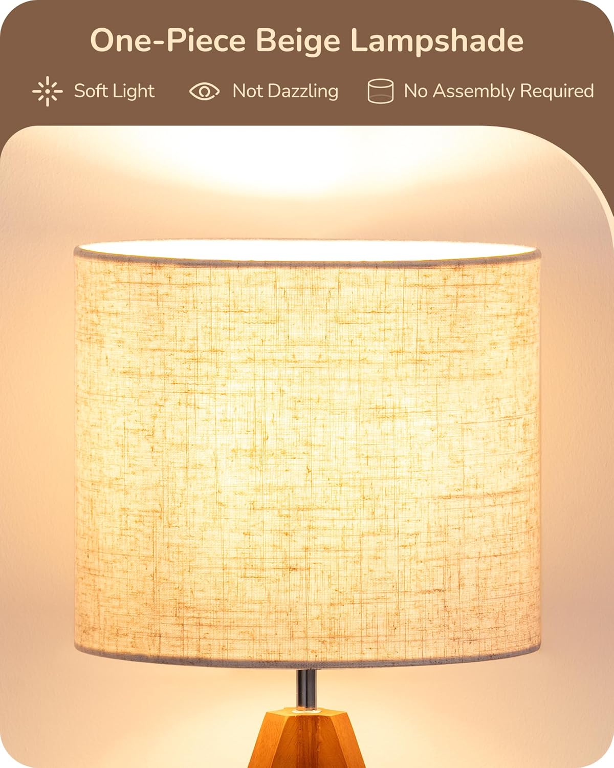 Tripod Table Lamp, Small Cute Bedside Lamp with Linen Beige Lampshade, Nightstand Lamp for Nursery, Bedroom, Kid Room, Living Room, Light Brown Wooden Base, E26 Socket, 14.2 Inch