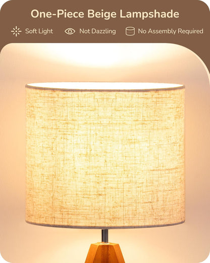 Tripod Table Lamp, Small Cute Bedside Lamp with Linen Beige Lampshade, Nightstand Lamp for Nursery, Bedroom, Kid Room, Living Room, Light Brown Wooden Base, E26 Socket, 14.2 Inch