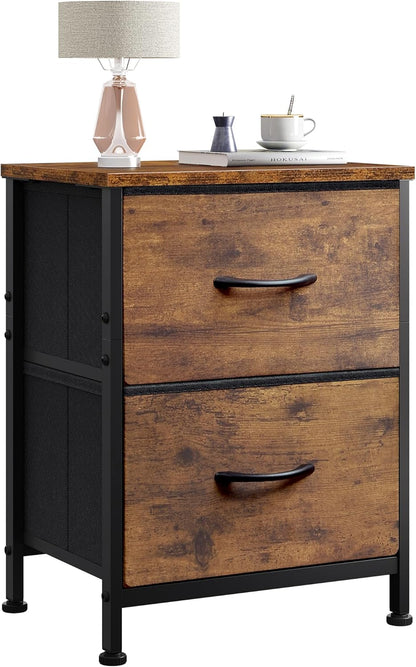 Night Stand, Small Dresser with 2 Drawers & Wooden Top, Nightstand with Fabric Bins, Bedside Table End Table for Bedroom, Closet, Entryway, College Dorm, Rustic Brown