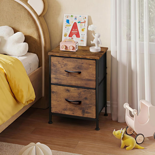 Cavina Night Stand, Small Dresser with 2 Drawers & Wooden Top, Nightstand with Fabric Bins