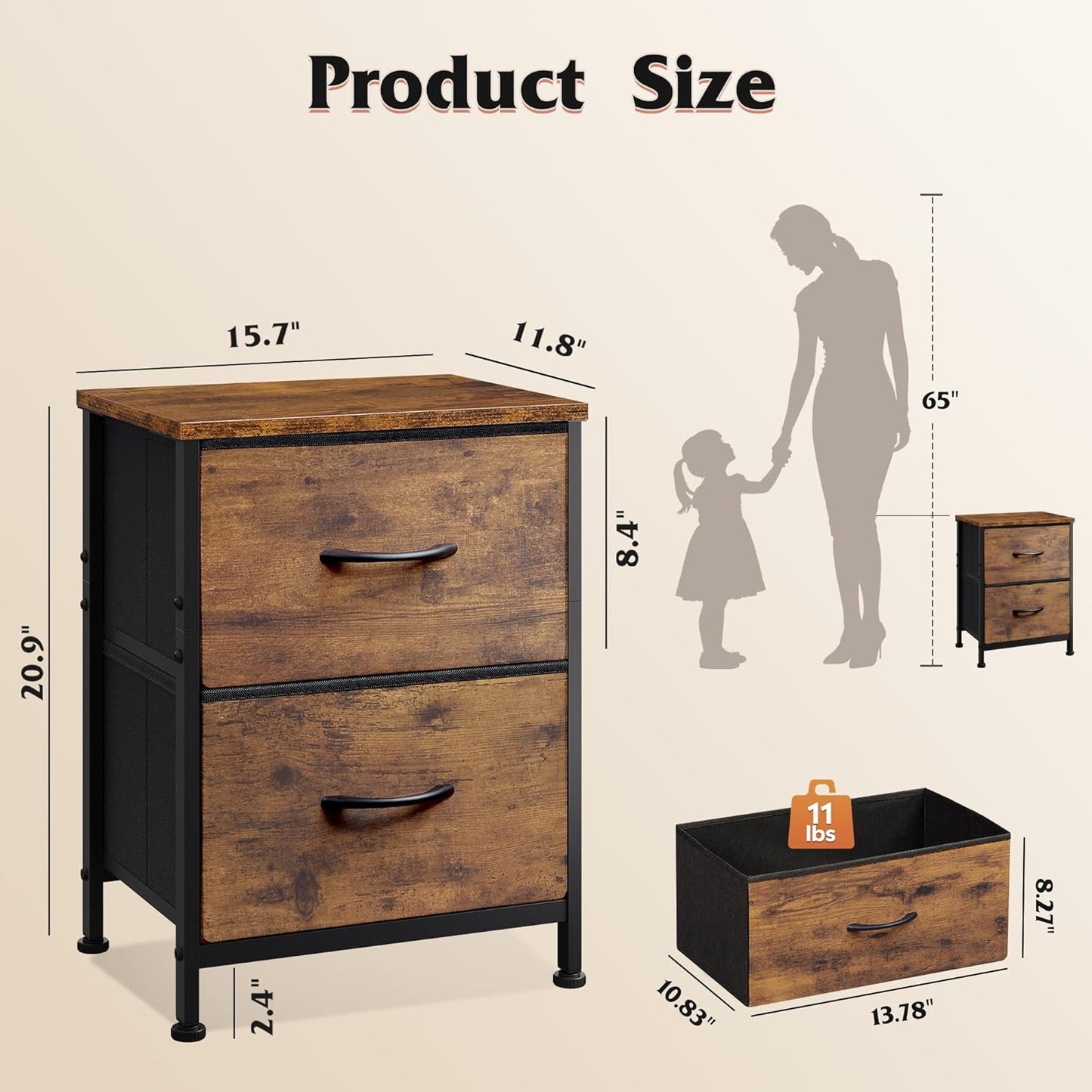 Night Stand, Small Dresser with 2 Drawers & Wooden Top, Nightstand with Fabric Bins, Bedside Table End Table for Bedroom, Closet, Entryway, College Dorm, Rustic Brown