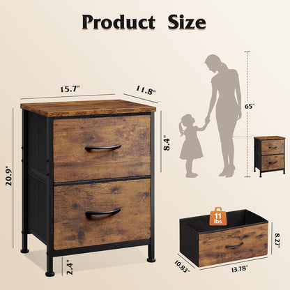 Night Stand, Small Dresser with 2 Drawers & Wooden Top, Nightstand with Fabric Bins, Bedside Table End Table for Bedroom, Closet, Entryway, College Dorm, Rustic Brown